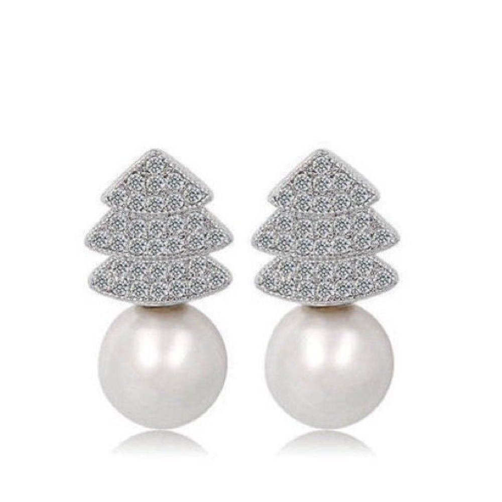 Christmas Jewelry Elegant Silver and Pearl Tree Earrings for the Holiday